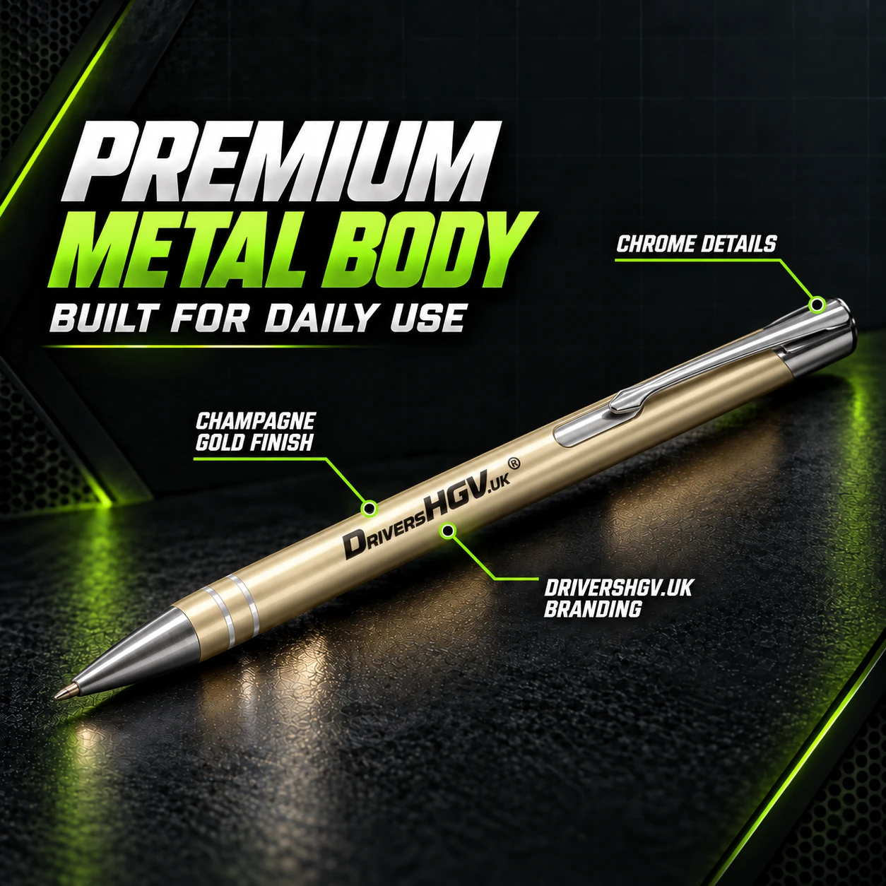 Close-up of a champagne-gold DriversHGV.uk gel pen with recycled aluminium body and chrome details